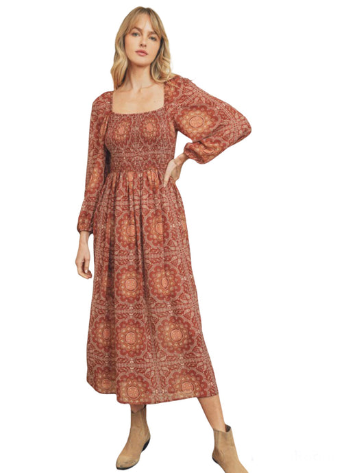 Ava's Retro Paisley Print Midi Dress - Rust