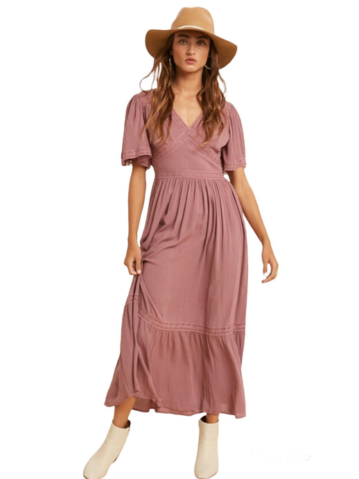 Elizabeth's Lacy Midi Dress- Mauve